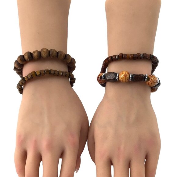 Bracelet Bundle Lot of 4 Stretch Wood Beads Boho Style - Picture 2 of 2